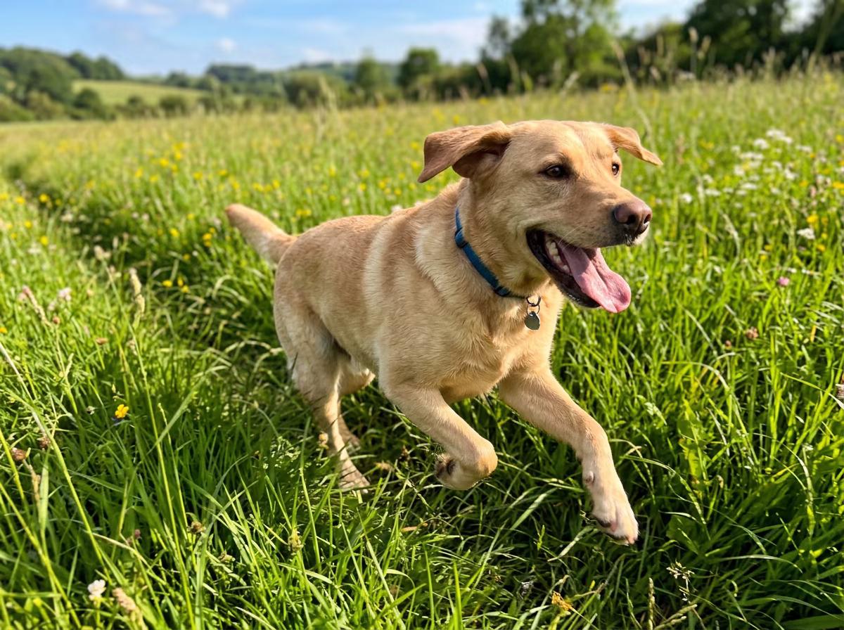 Benji spielt fröhlich auf der Wiese, gesund und voller Energie