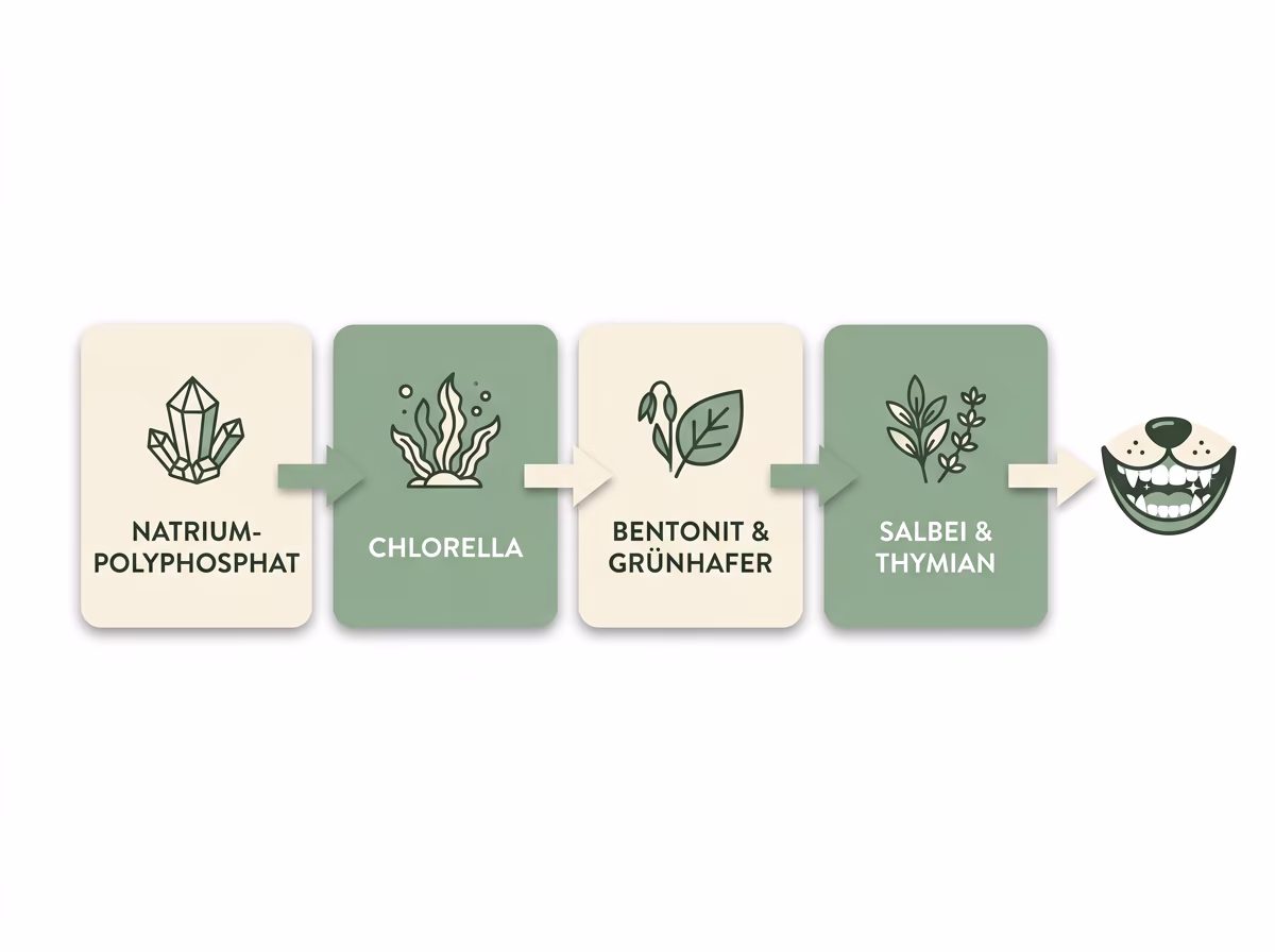 Die Wirkstoffe von FAVLY Dental Pulver: Brennnessel, Natrium-Polyphosphat, Chlorella & Grünhafer, Bentonit & Naturmoor, Salbei & Thymian