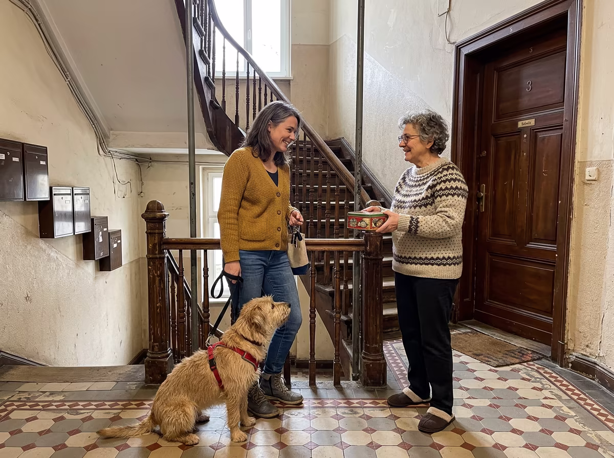 Nachbarin im Treppenhaus mit ihrem Mops auf dem Arm