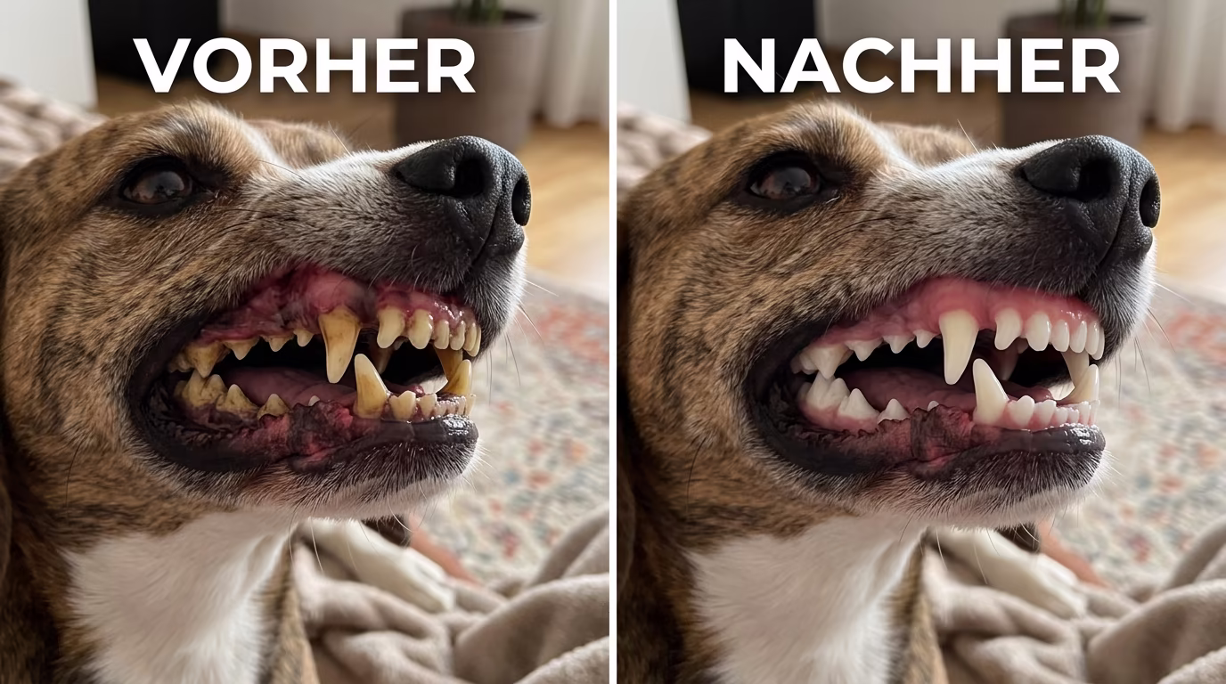 Vorher/Nachher Vergleich Hundezähne nach 90 Tagen