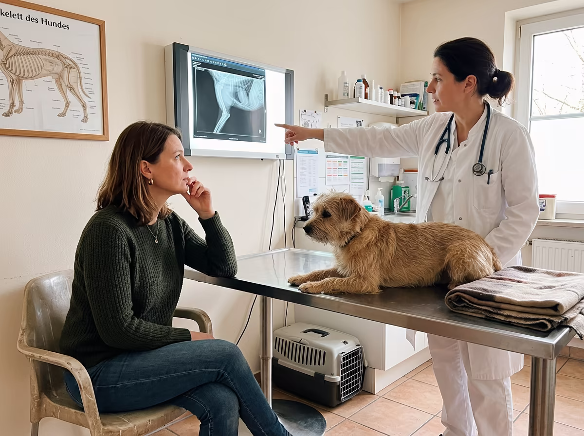 Tierärztin im Behandlungszimmer mit besorgter Hundebesitzerin
